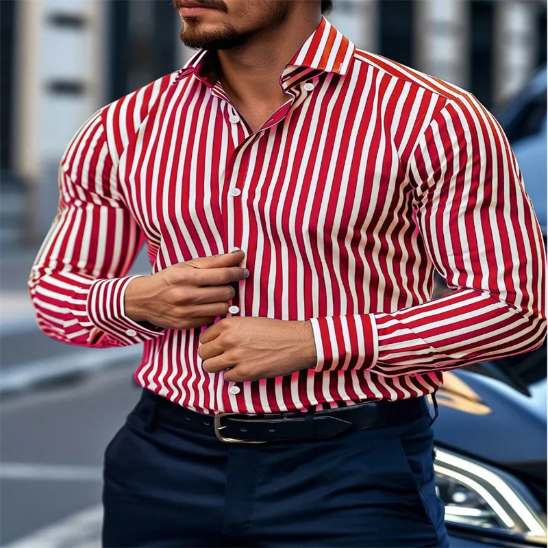 European men's striped long-sleeved casual business shirt in plus size 6XL, high-quality Showlu Fashion Store luxury shirt.