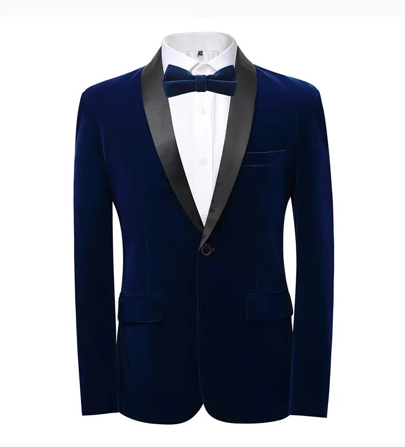 Men's velvet slim fit tuxedo suit set in deep black, featuring a tailored jacket and matching trousers for formal occasions.