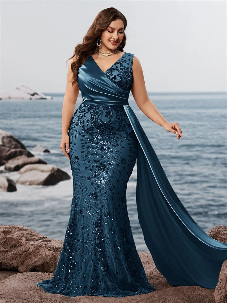 Elegant plus size mermaid evening dress by Showlu Fashion with V-neck, sequin splice, sleeveless design, perfect for formal parties