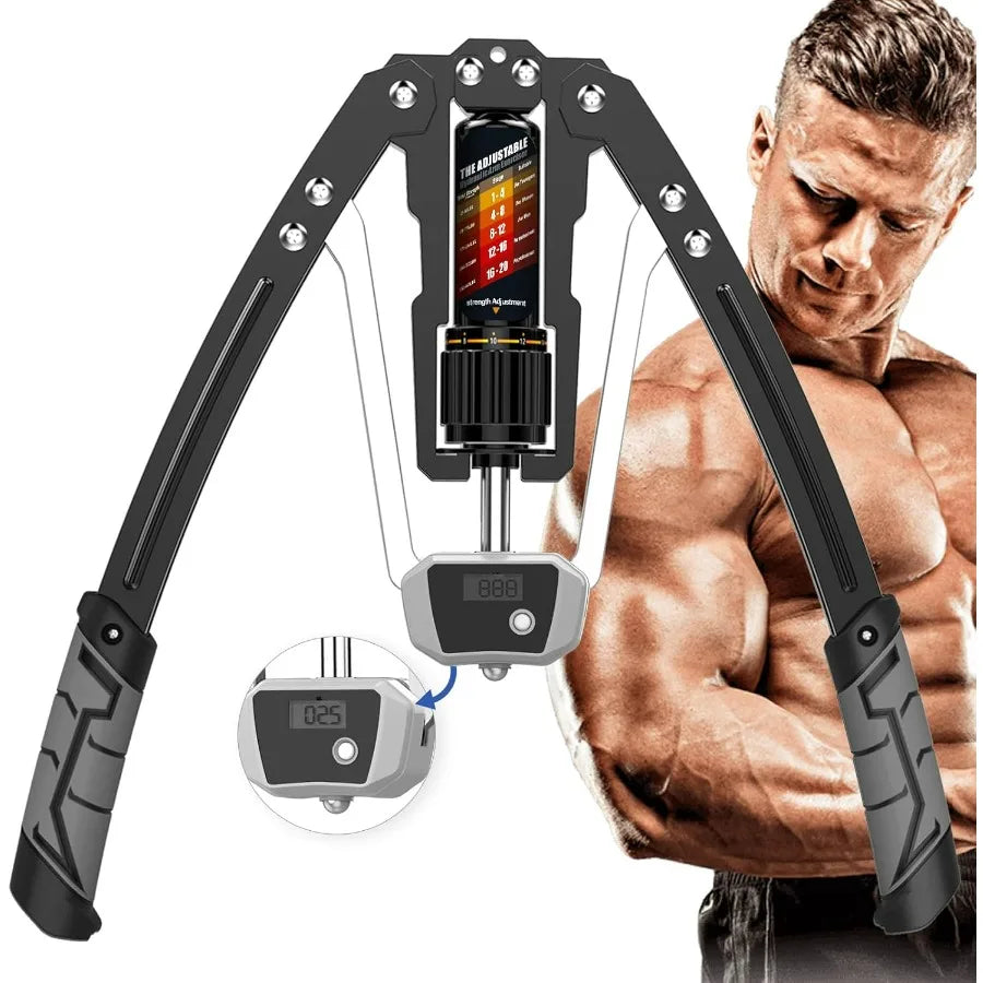 Showlu Hydraulic Power Twister Arm Exerciser with adjustable resistance from 22 to 440 lbs, demonstrating its compact, portable design.