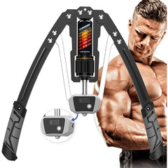 An adjustable hydraulic arm exerciser with a digital counter and black ergonomic handles.