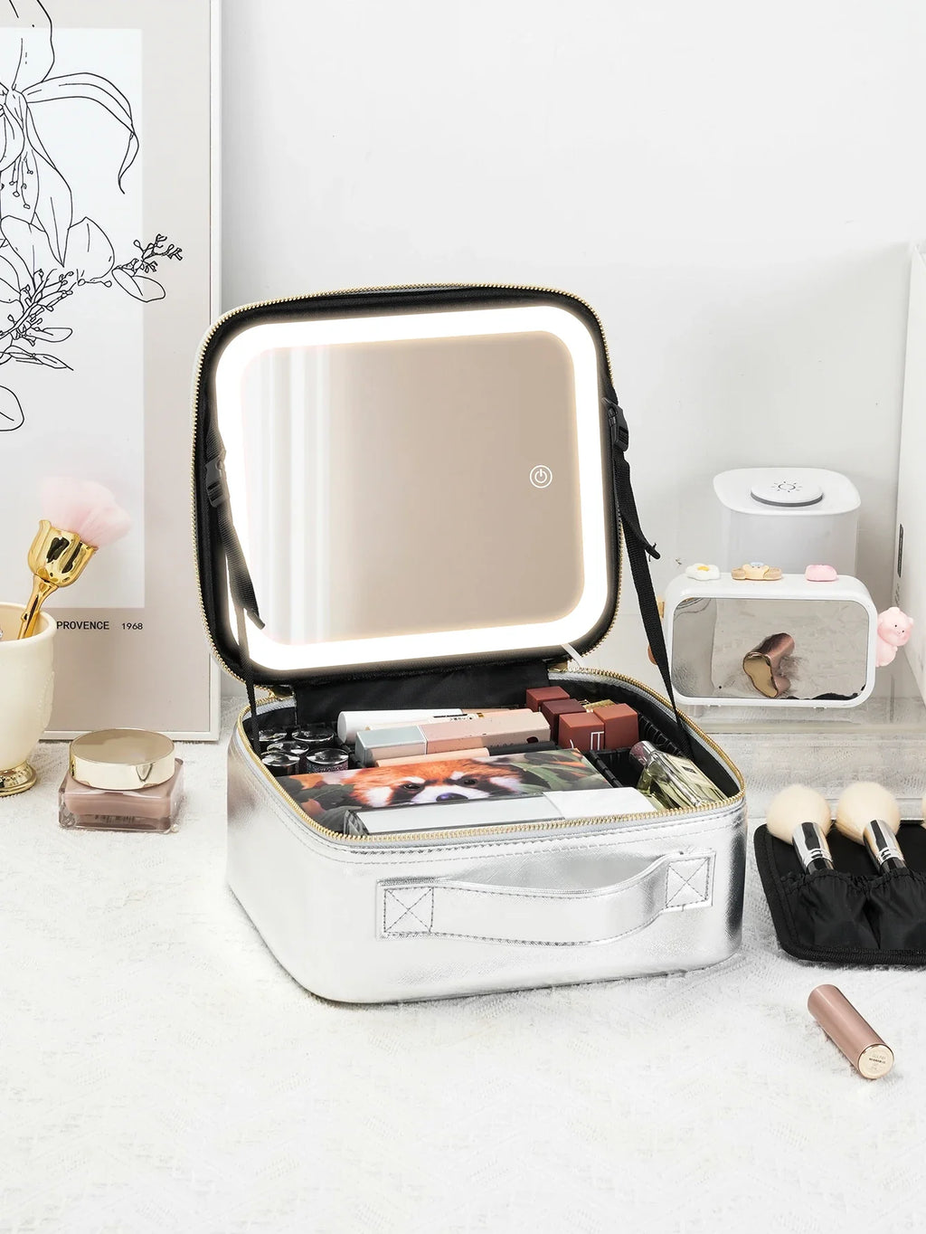 SHOWLU travel makeup bag with LED lighted mirror and PU leather toiletry case, compact and stylish for on-the-go beauty essentials.