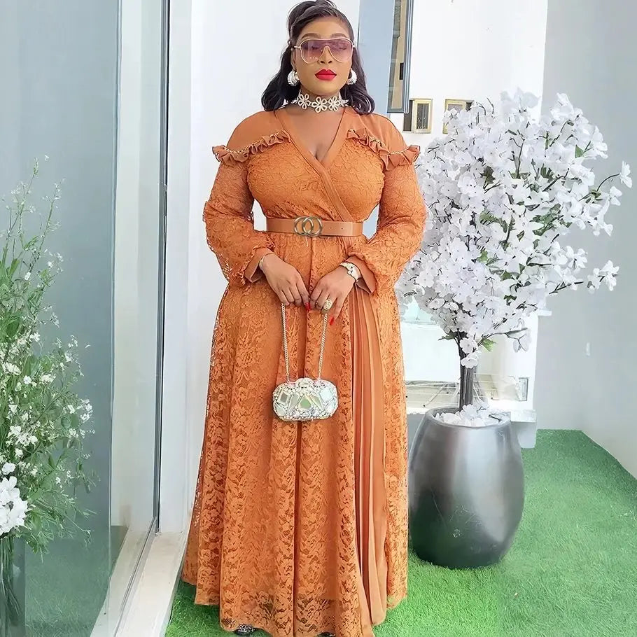 Elegant African women's summer dress featuring lace, long style, plus size, suitable for evening parties and Muslim fashion.