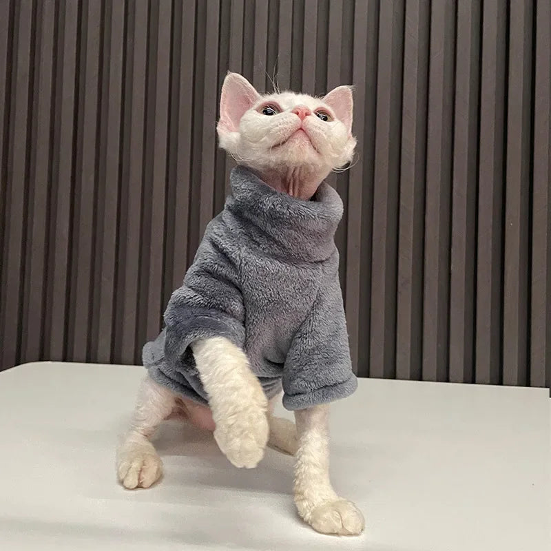 Sphynx cat wearing Wang Shan Meow cotton winter hoodie jumpsuit, cozy pet clothing from Showlu Fashion Store.
