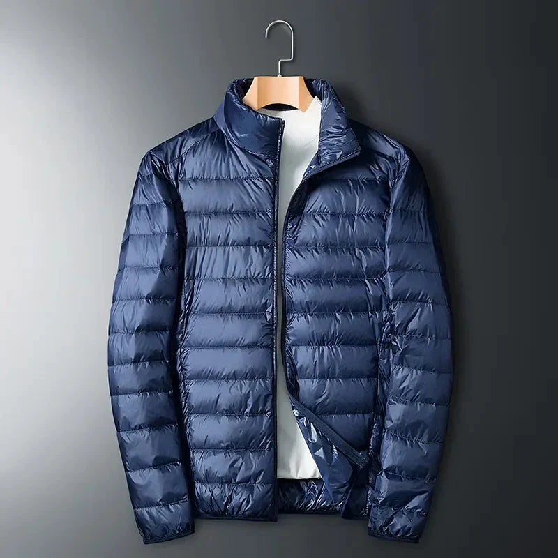 Lightweight white duck down jacket for men by SHOWLU FASHION STORE, waterproof padded coat with a sleek design.