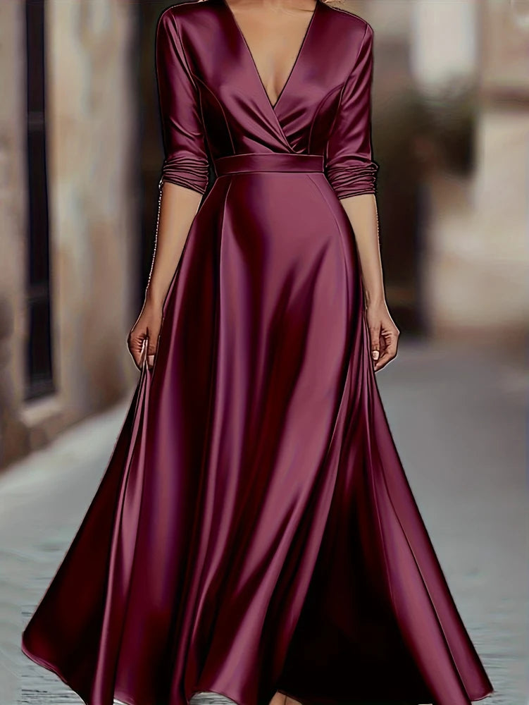 Elegant Showlu V-Neck Long-Sleeved Evening Gown in French A-Line floor-length style, with flowing fabric and sophisticated design.
