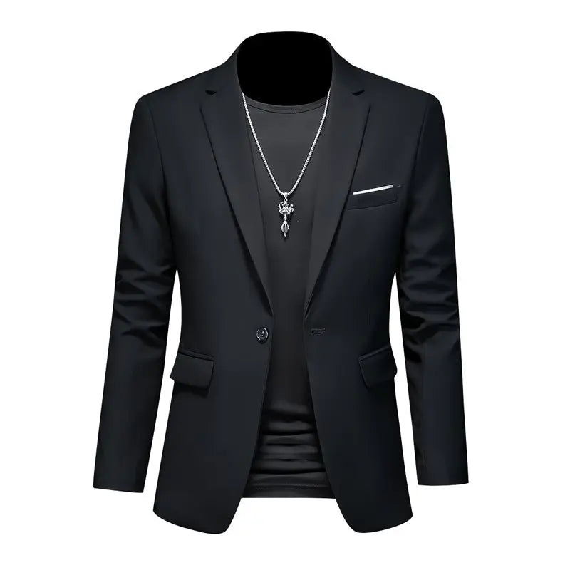 Black men's slim fit single-breasted business blazer by SHOWLU FASHION STORE, tailored with a modern cut, size M to 6XL.