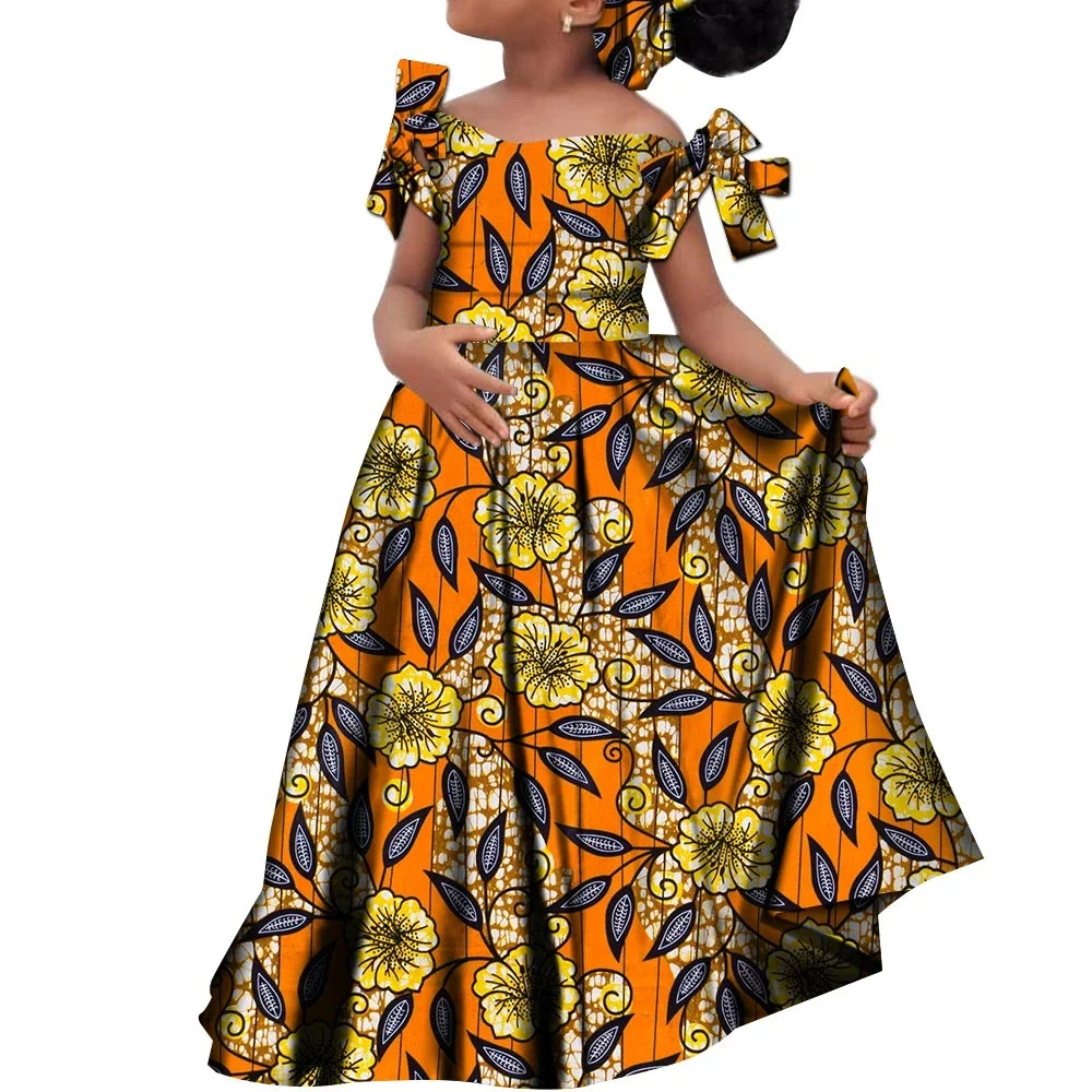 African dashiki cotton dress with matching headscarf for girls, featuring vibrant traditional patterns by SHOWLU FASHION STORE