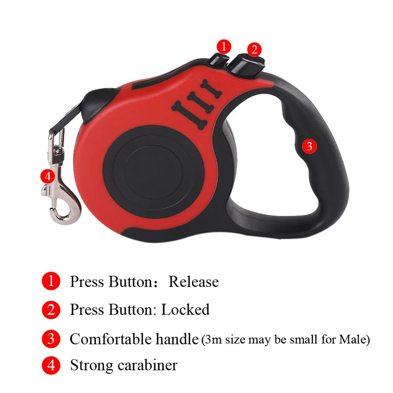 Durable nylon retractable dog leash for small dogs, 3m or 5m, ideal for outdoor walking, hiking, and travel.
