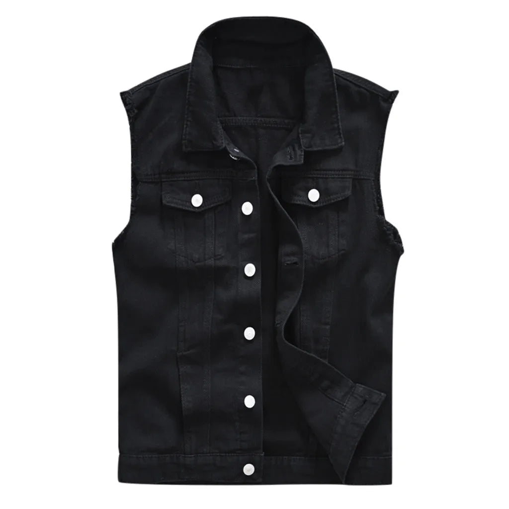 Men's New Fashion Sleeveless Denim Vest  Autumn Casual Solid Color Cowboy Jacket Slim Fit Single-breasted Jeans Streetwear SHOWLU FASHION STORE