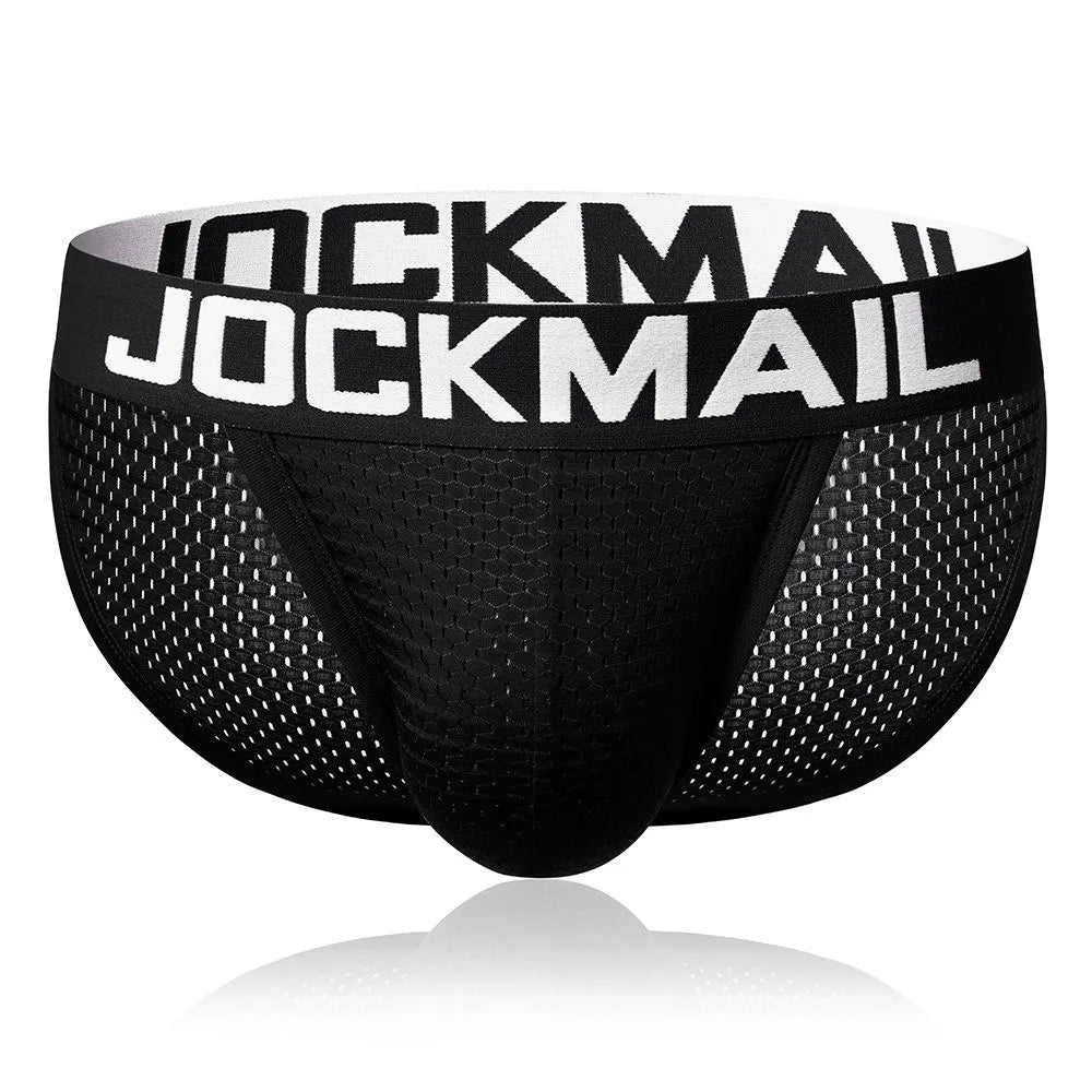 Men's Jockmail underwear briefs with penis pouch, Showlu Fashion, featuring a black bikini style waistband and snug fit.