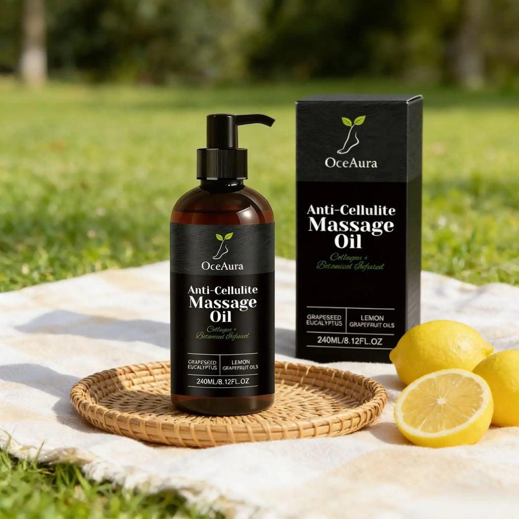 OceAura anti-cellulite firming massage oil with lemon and grapefruit, shown in a clear bottle with fresh citrus slices