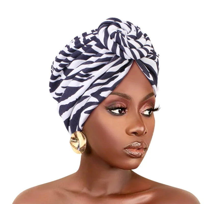 African print pleated turban floral beanie with front knot, elastic head wrap and elegant bandana headwear for women.