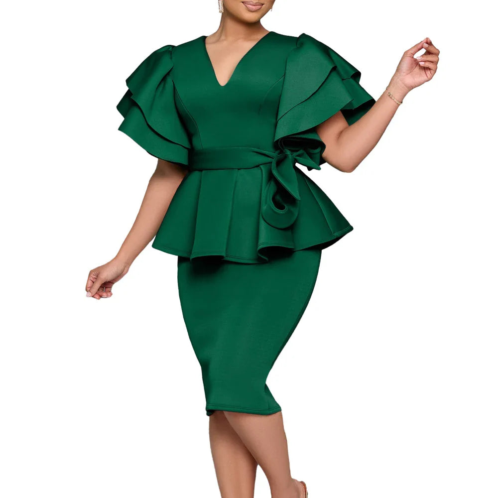 Women's V-neck ruffle sleeve peplum midi dress by JENYAGECN, featuring a bodycon fit and elegant design, shown in black fabric.