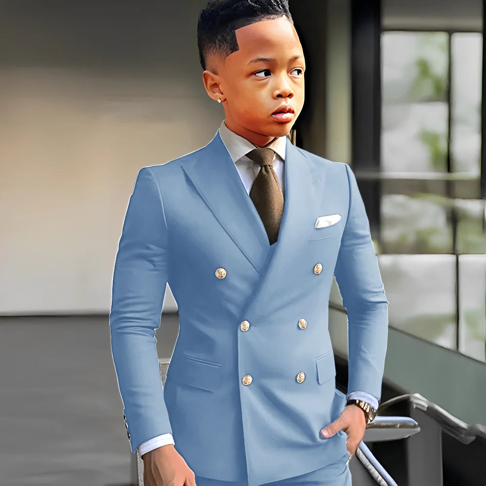 Showlu Fashion Navy Blue Boy Suit with peak lapel, double-breasted tuxedo style for formal, wedding, or business occasions.