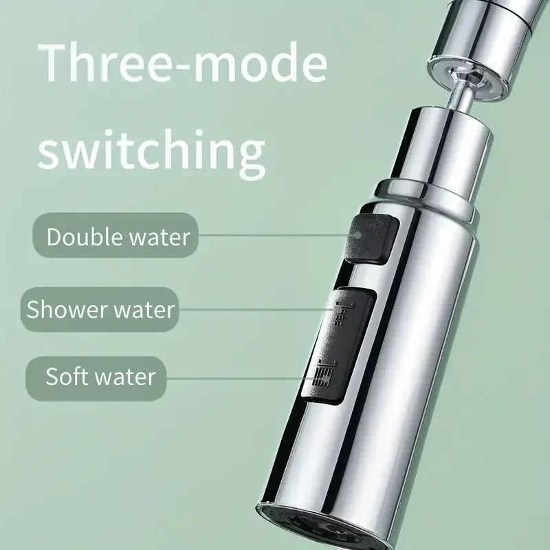 Showlu Universal Faucet Extender with 3-mode anti-splash metal sprayer attached to a kitchen sink faucet.