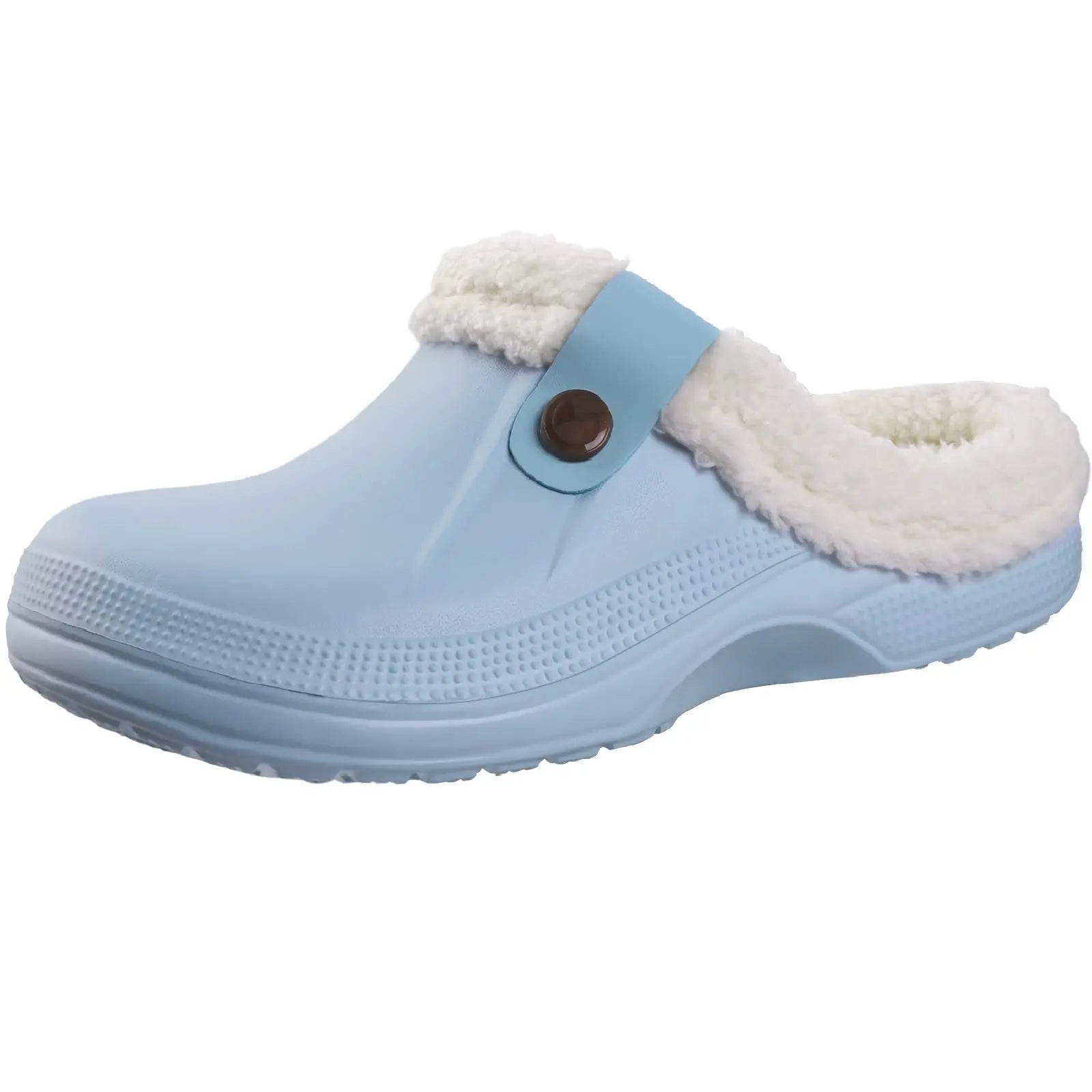 Shevalues fuzzy men's clogs slippers with winter fur, waterproof garden shoes, and anti-slip sole for warm indoor comfort.