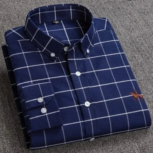 White men's casual cotton Oxford shirt with long sleeves and embroidered horse design, regular fit, button-up style from Showlu Fashion.