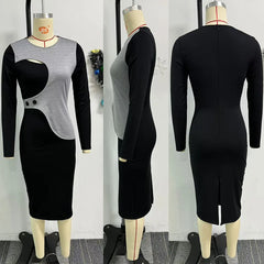 Elegant Elastic Patchwork Bodycon Pencil Dress Women Club Clothing Long Sleeve O-neck Back Split Vintage Night Party Midi Dress