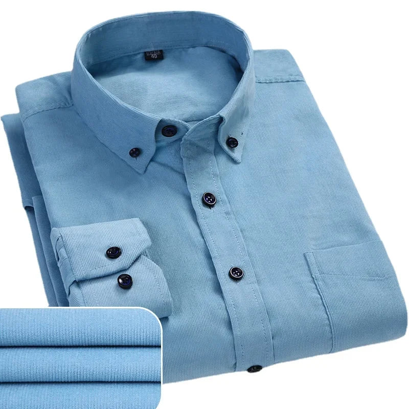 Men's long sleeve cotton corduroy shirt in warm, solid winter style with pockets, regular fit, perfect for casual autumn wear.