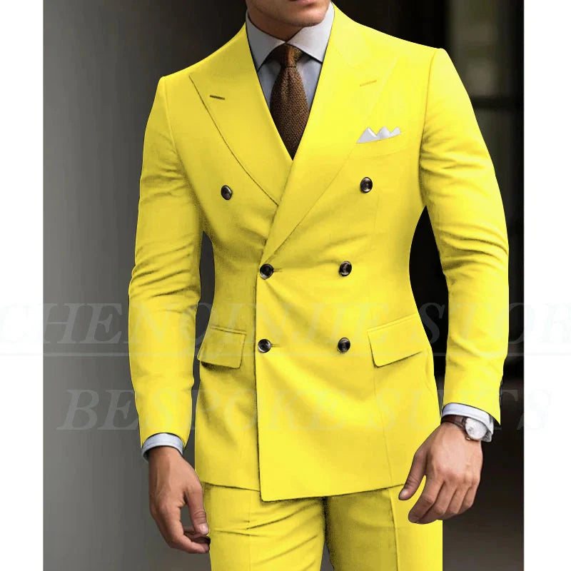 SHOWLU Men's slim fit green 2-piece suit with double-breasted blazer, stylish wedding formalwear, tailored for a sharp fit
