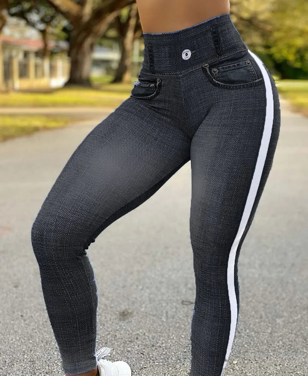 Denim look print high waist tummy control leggings for women with butt lift design, slim fit, spring and summer fashion.