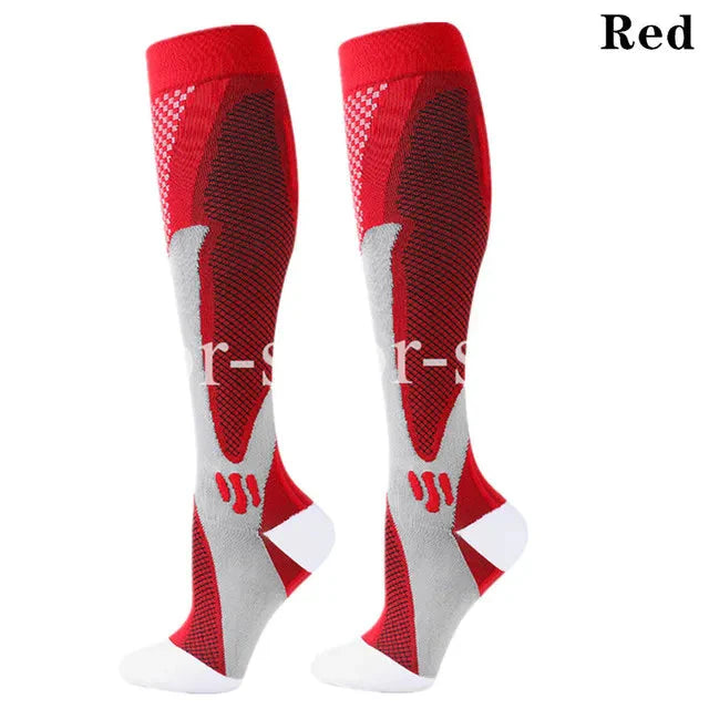 Showlu men's knee-high compression golf socks made of nylon, designed for comfort and support during athletic activities.