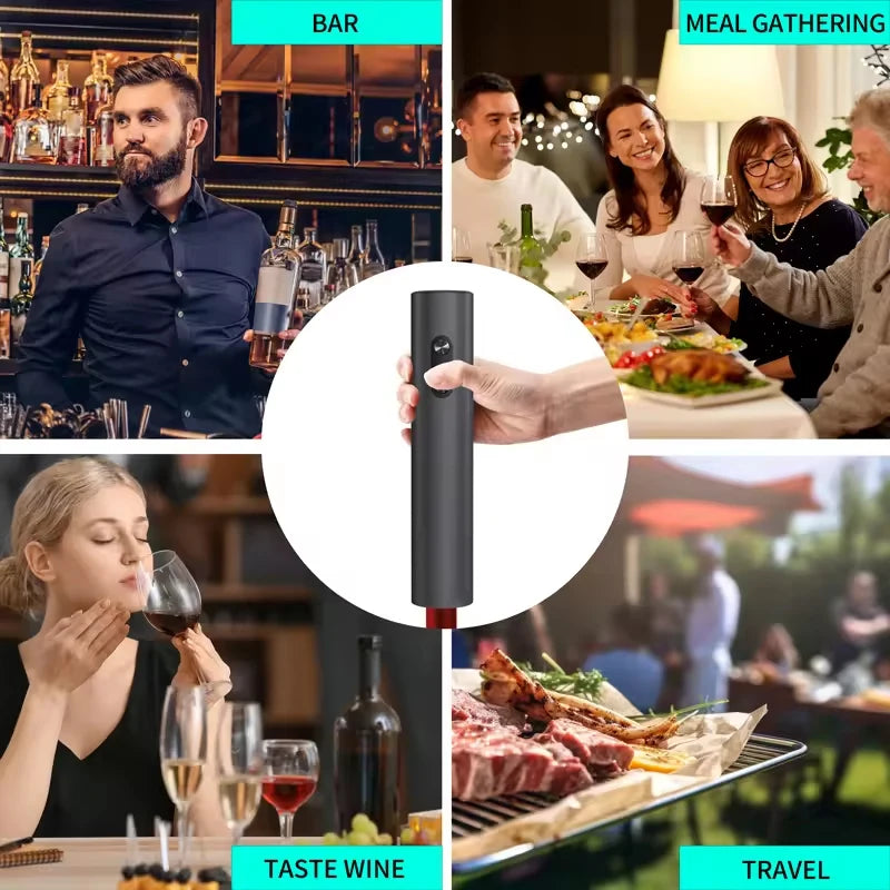 Showlu Smart General electric wine bottle opener set with sleek black and silver design, including foil cutter and charging base.