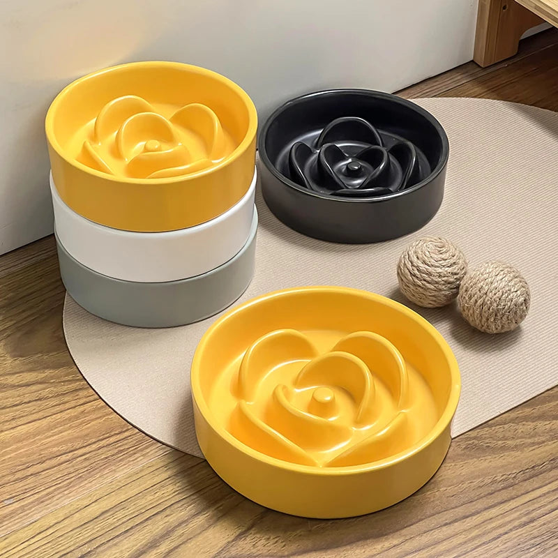 Ceramic pet slow food bowl for dogs and cats, easy to clean, anti-suffocation and anti-overturning design, ideal for feeding.