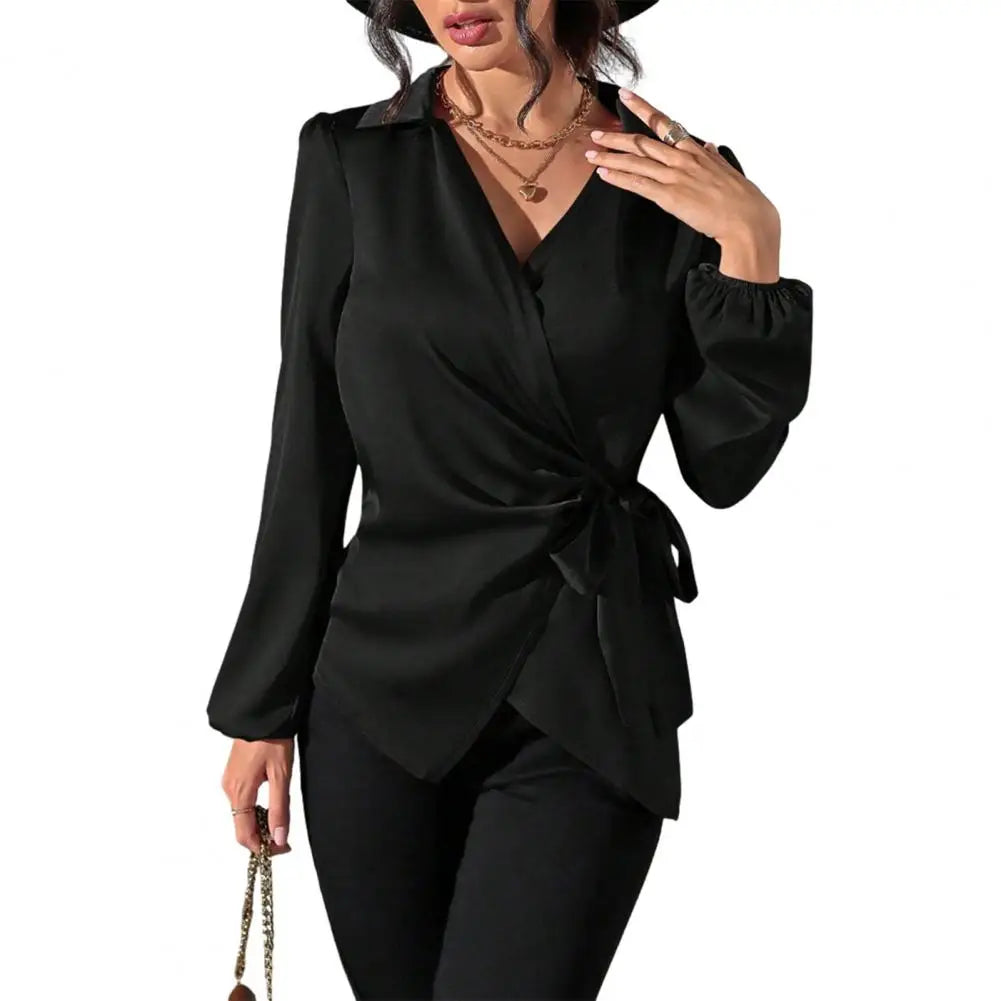 Elegant Showlu Women's long sleeve waist blouse with side lace-up design, perfect for stylish casual or office wear.