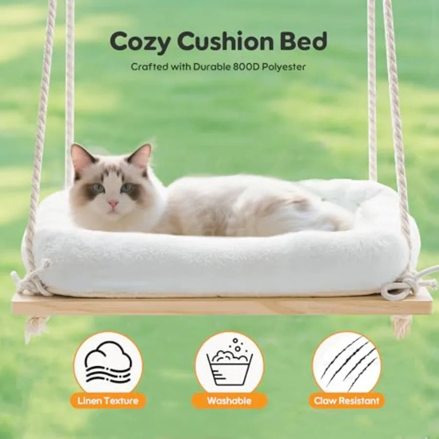 Rustic Showlu Cat Window Perch with solid wood frame and plush cushion, perfect for cozy feline lounging by the window.