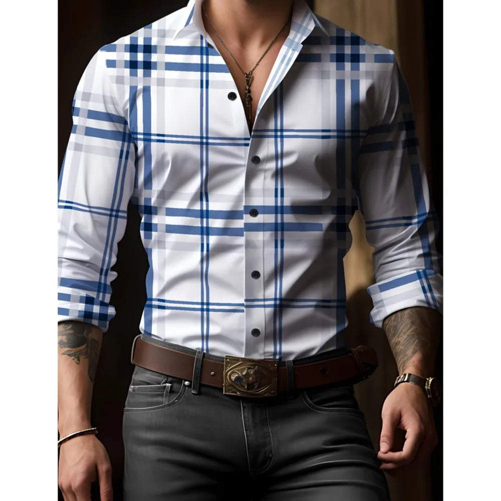 Men's check print button-down shirt by Showlu Fashion, long sleeve, oversized spring and autumn streetwear with flip lapel.