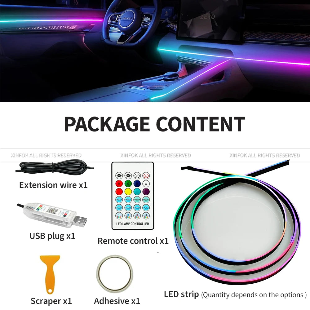 Showlu Smart General Car LED Ambient Lights installed inside a vehicle, showcasing customizable interior lighting options.