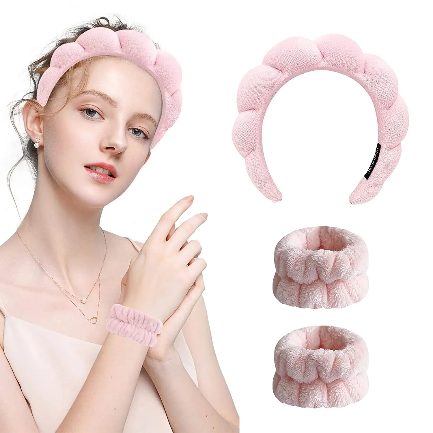 Set of three microfiber washing wristbands and puffy spa headbands for face washing, makeup, and skincare routines.