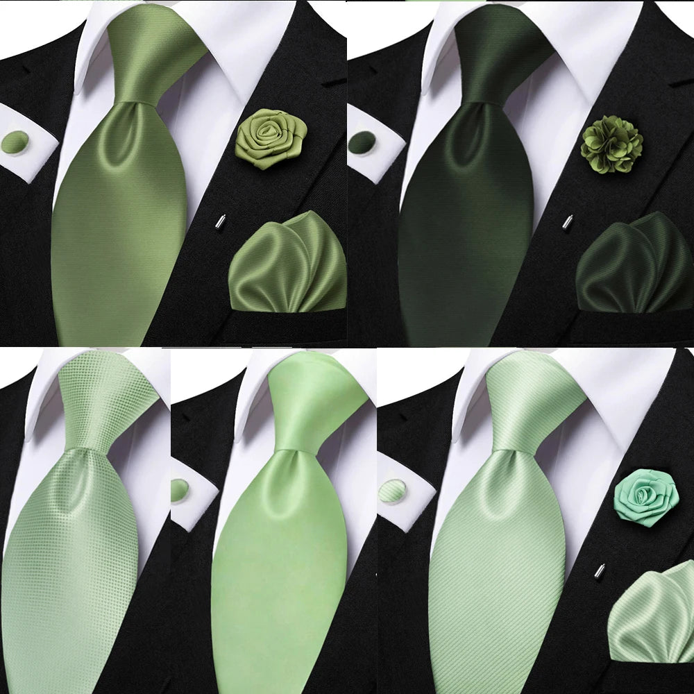 Men's solid sage green tie set including pocket square, flower brooch, and cufflinks, ideal for wedding or daily wear.