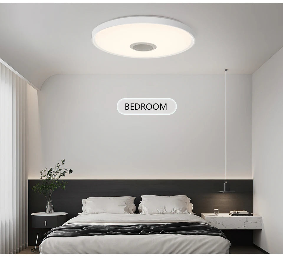 Showlu Smart RGB LED ceiling light with Bluetooth speaker and remote control, featuring customizable lighting and audio functionality.