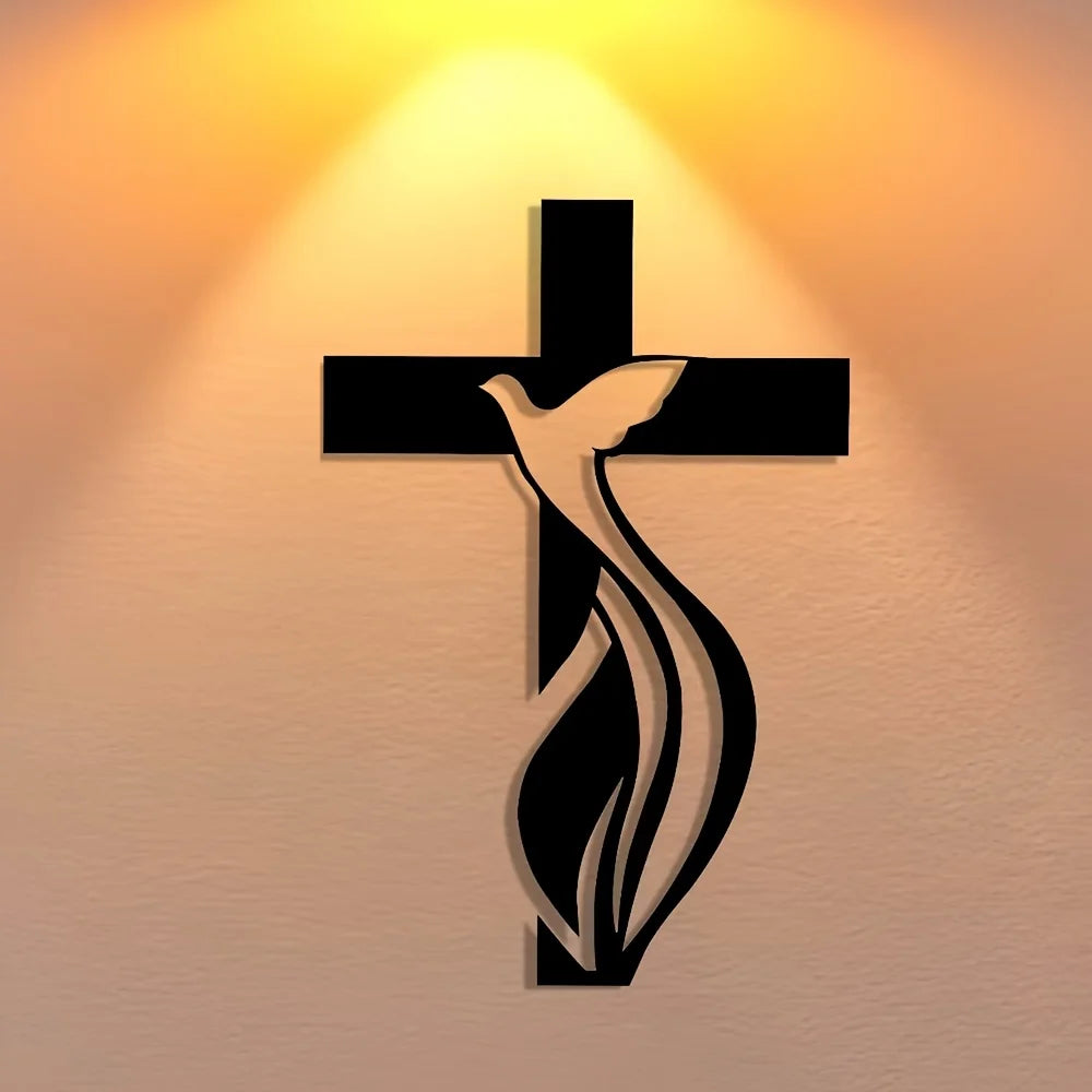Dove and cross metal wall art by Showlu Fashion Store, minimalist iron home decor featuring elegant dove and cross design.
