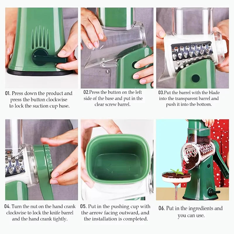Showlu 5-in-1 rotary cheese grater with stainless steel blades, manual food slicer for cheese, vegetables, and more.