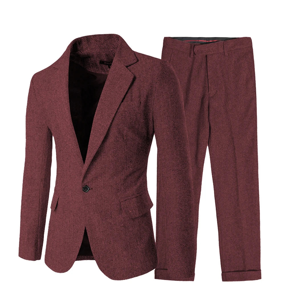 Elegant Men's Suit Set 2 Pieces Classic Fit One Button Daily Business Suits Herringbone Wool Wedding Groomsmen(Blazer+Pants)