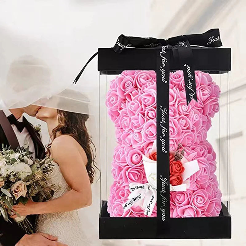 Showlu Fashion 25cm artificial rose bear with foam flowers, gift box, decorative floral gift for special occasions