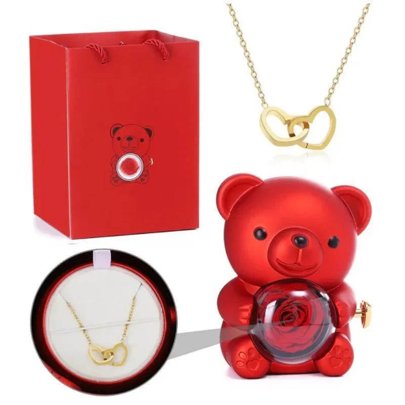 SHOWLU FASHION STORE Teddy Bear Rose jewelry box with rotating necklace holder, featuring a plush teddy bear and floral design.