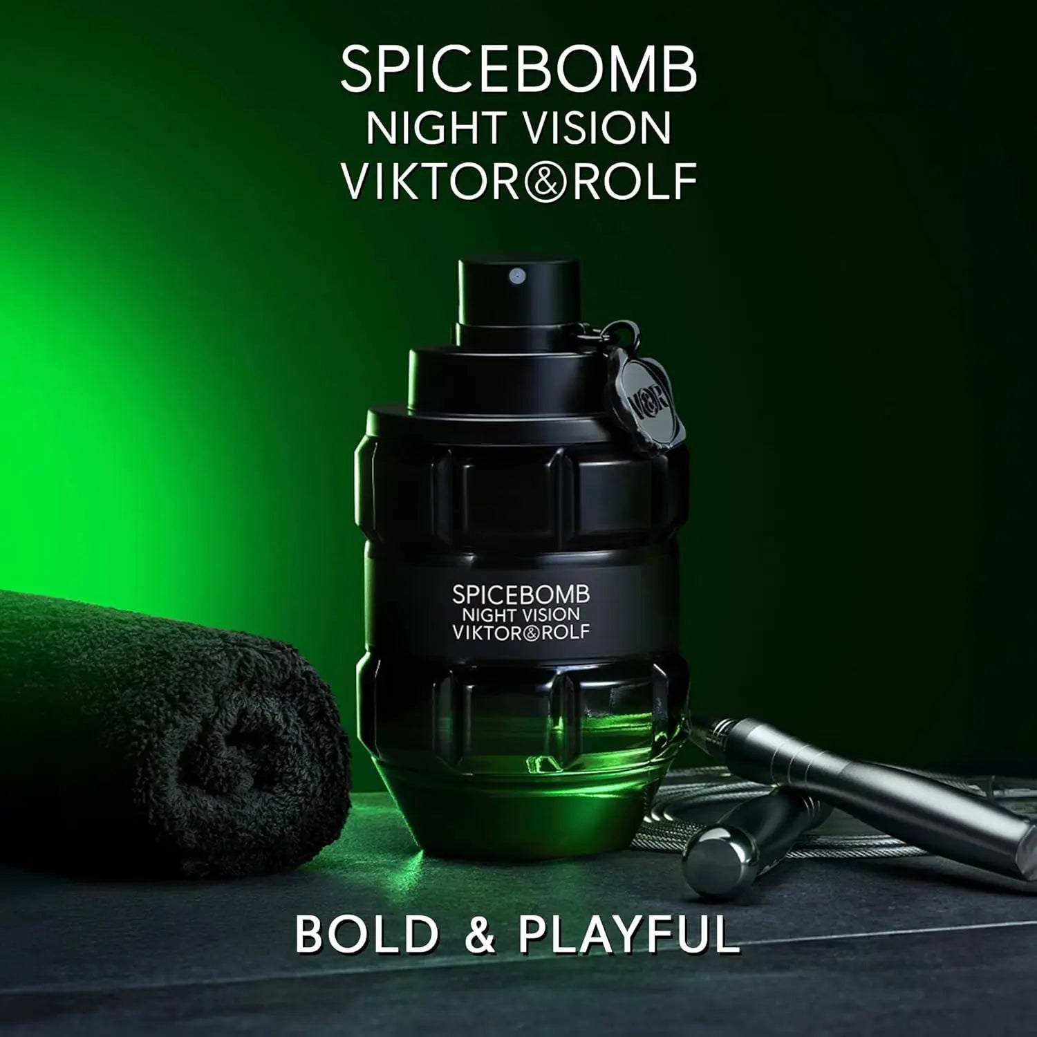 Viktor&Rolf Spicebomb Nightvision men's cologne bottle, 100ml, with dark and sleek packaging, showcasing the fragrance design.