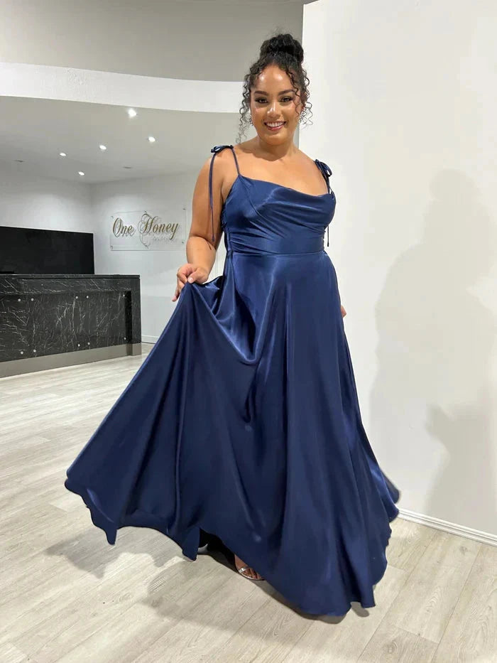 SHOWLU FASHION STORE satin bridesmaid dress with cowl neckline, leg slit, and A-line silhouette, perfect for elegant weddings.