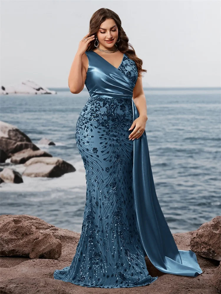 Showlu Fashion Lucyinlove plus size elegant V-neck sequin evening dress with sleeveless mermaid silhouette, suitable for formal parties.