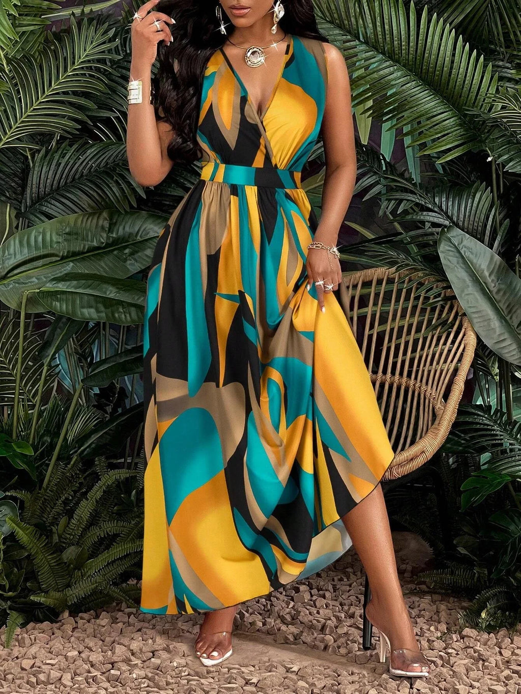 Tropical print V-neck fit and flare maxi dress for women by SHOWLU FASHION STORE, featuring vibrant floral patterns and flowing fabric.
