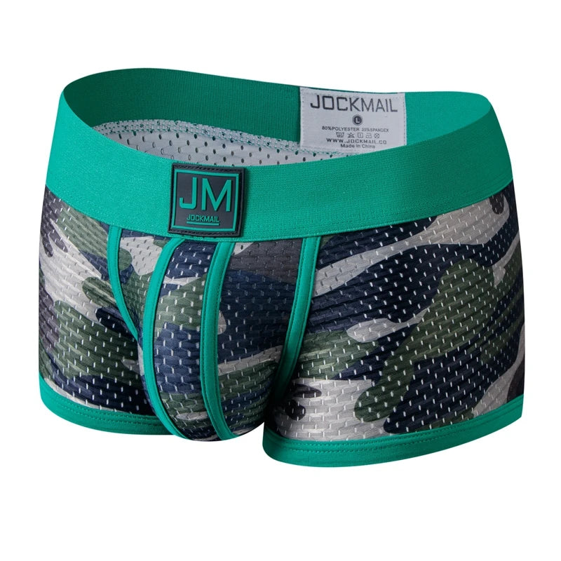 Men's mesh camouflage boxer briefs by JOCKMAIL featuring nylon pouch underwear with breathable, comfortable design.