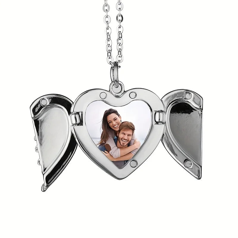Personalized Showlu photo angel wing locket necklace made of zinc alloy, featuring a decorative angel wing design.