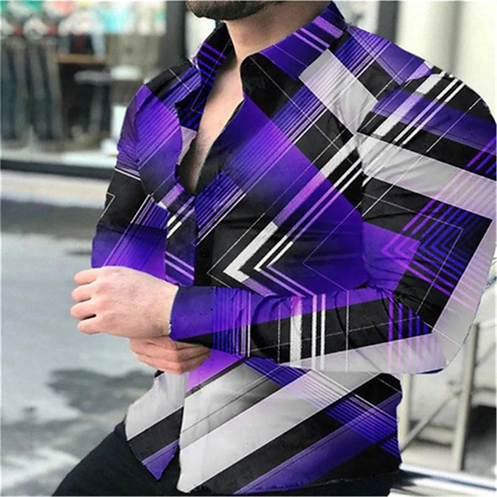 Long sleeve men's fashion shirt with geometric pattern, slim fit, oversized streetwear style, trendy casual top by Showlu Fashion Store