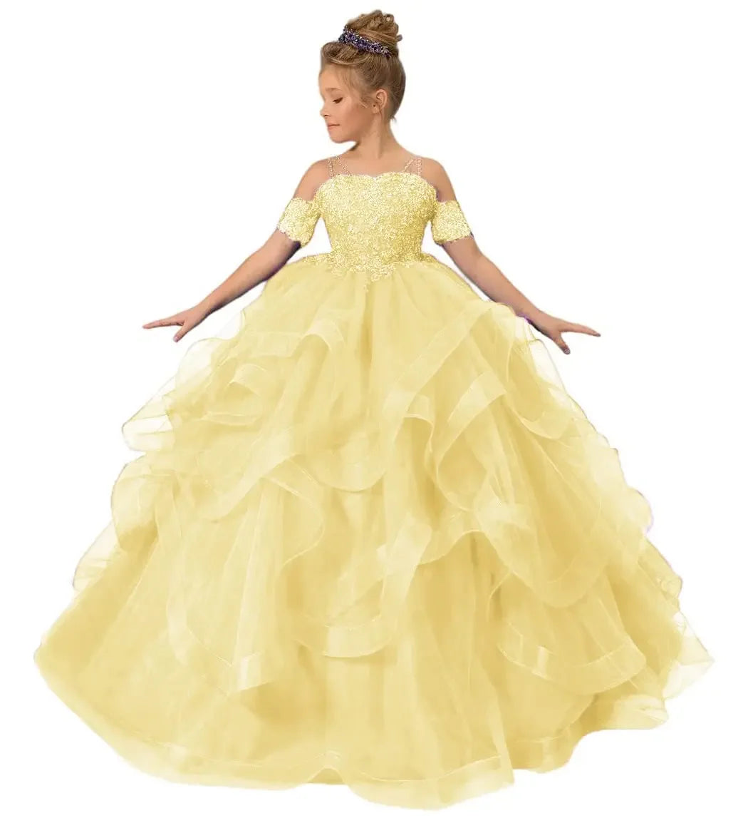 Off-shoulder tulle flower girl dress with appliques, ball gown style for kids, featuring floral details and elegant design.