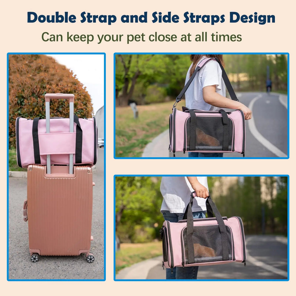 Showlu Soft-Sided Cat Carrier, TSA airline approved nylon pet bag with mesh windows and padded shoulder strap for easy travel.